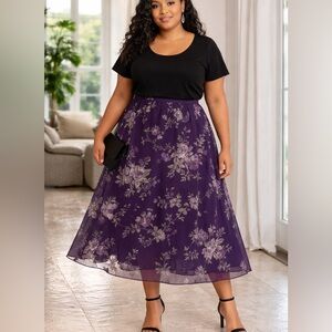 Purple Floral Chiffon Overlay Skirt Size 18W Plus Feminine Romantic Pull On